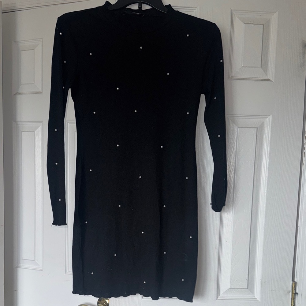 SHEIN Black Long Sleeve Knit Dress with Pearl Details